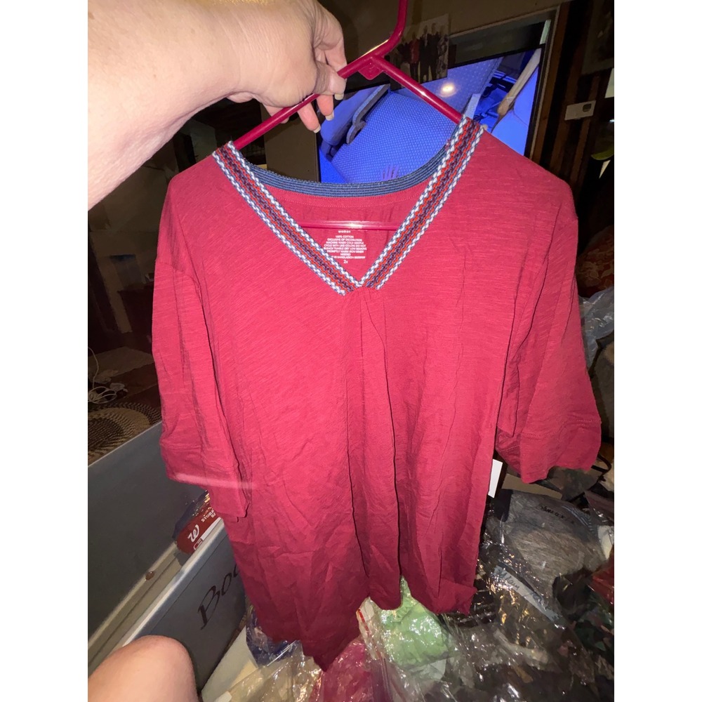 Woman Within Red Cotton Slub Embroidered V-Neck Top Plus Size 2X Elbow Sleeve